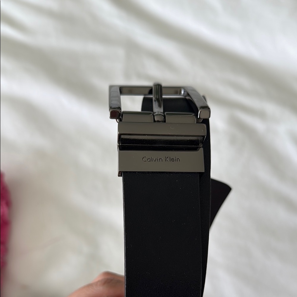 Calvin Klein Black Leather Belt with Metallic Buckle